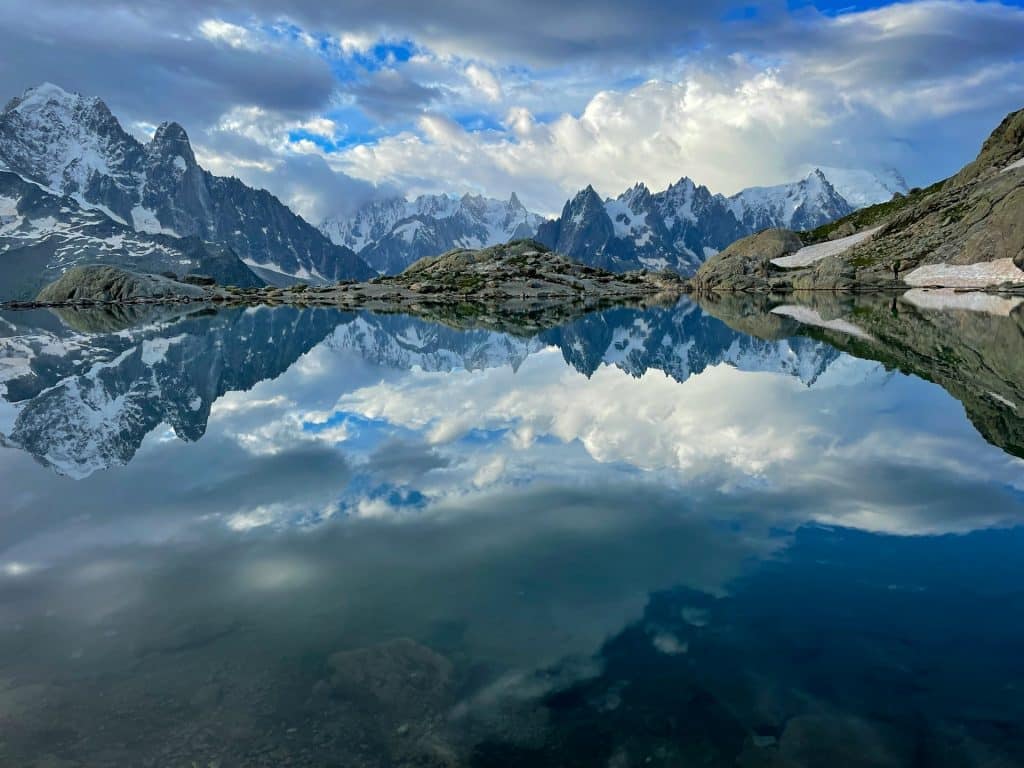 The French Alps summits reflect in the Lac Blanc (Chamonix), an  Iconic Mont Blanc Viewpoint