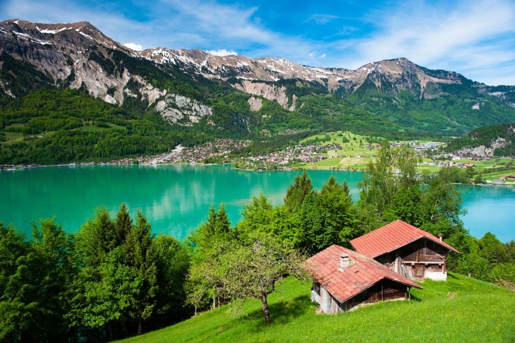 Panorama of lake Brienz with the town Brienz in the background, Switzerland